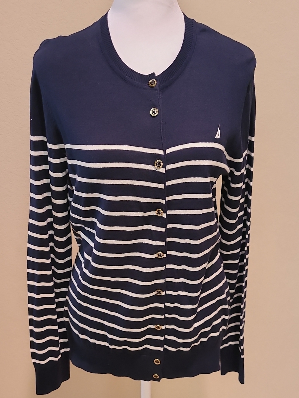 Nautica Navy and White Stripe Button-Front Cardigan Size L
